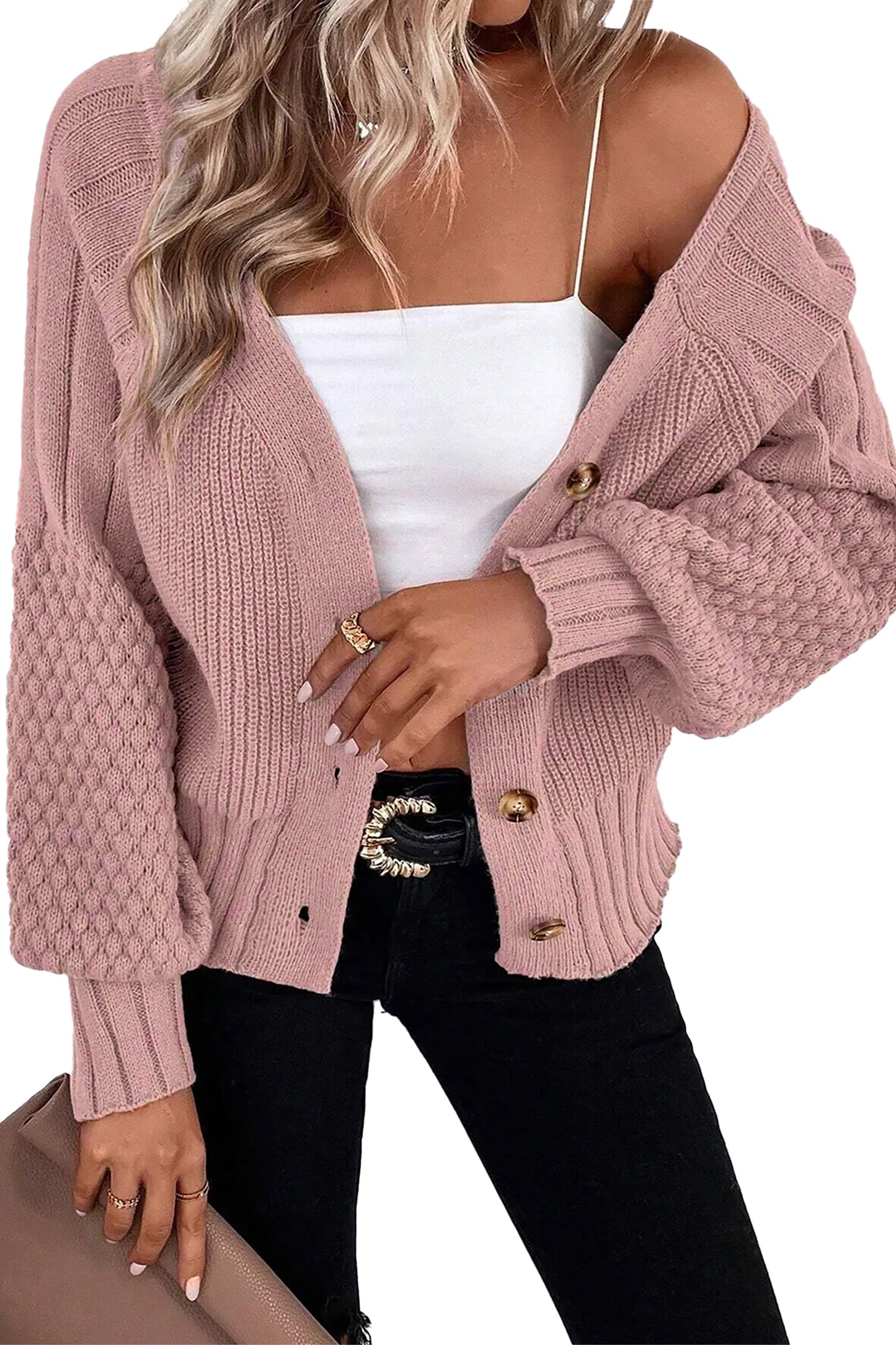 Light Pink Mixed Texture Knit Button V Neck Sweater Cardigan