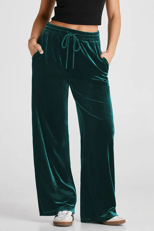 Evergreen Solid Drawstring Waist Wide Leg Pants - Chic Meadow Boutique 