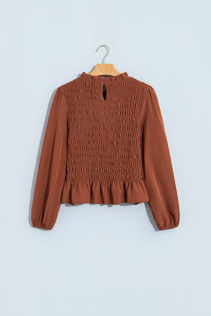 Coffee Solid Color Smocked Ruffle Hem Long Sleeve Blouse