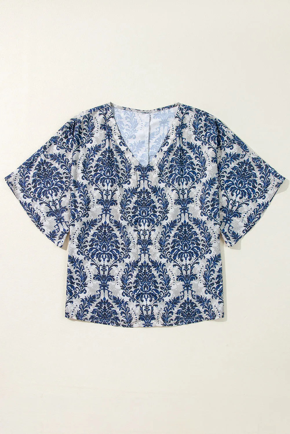 Blue Vintage Flower Tree Quarter Sleeve V Neck Blouse - Chic Meadow Boutique 