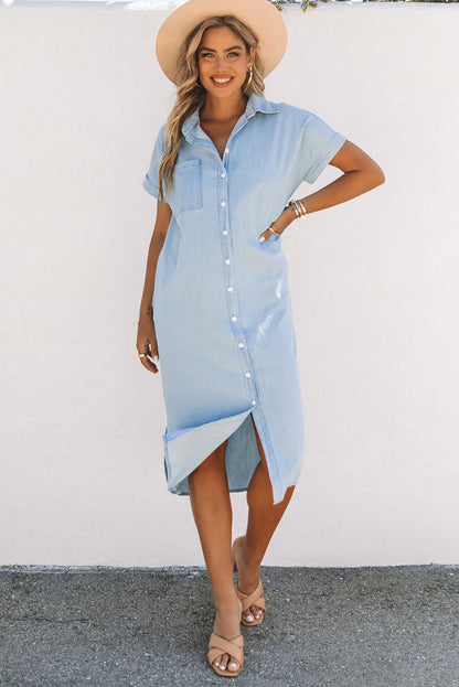 Sky Blue Chambray Shirt Short Sleeves Midi Dress - Chic Meadow Boutique 