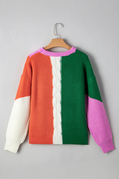 Desert Gold Color Block Textured Knit Drop Shoulder Loose Fit Sweater