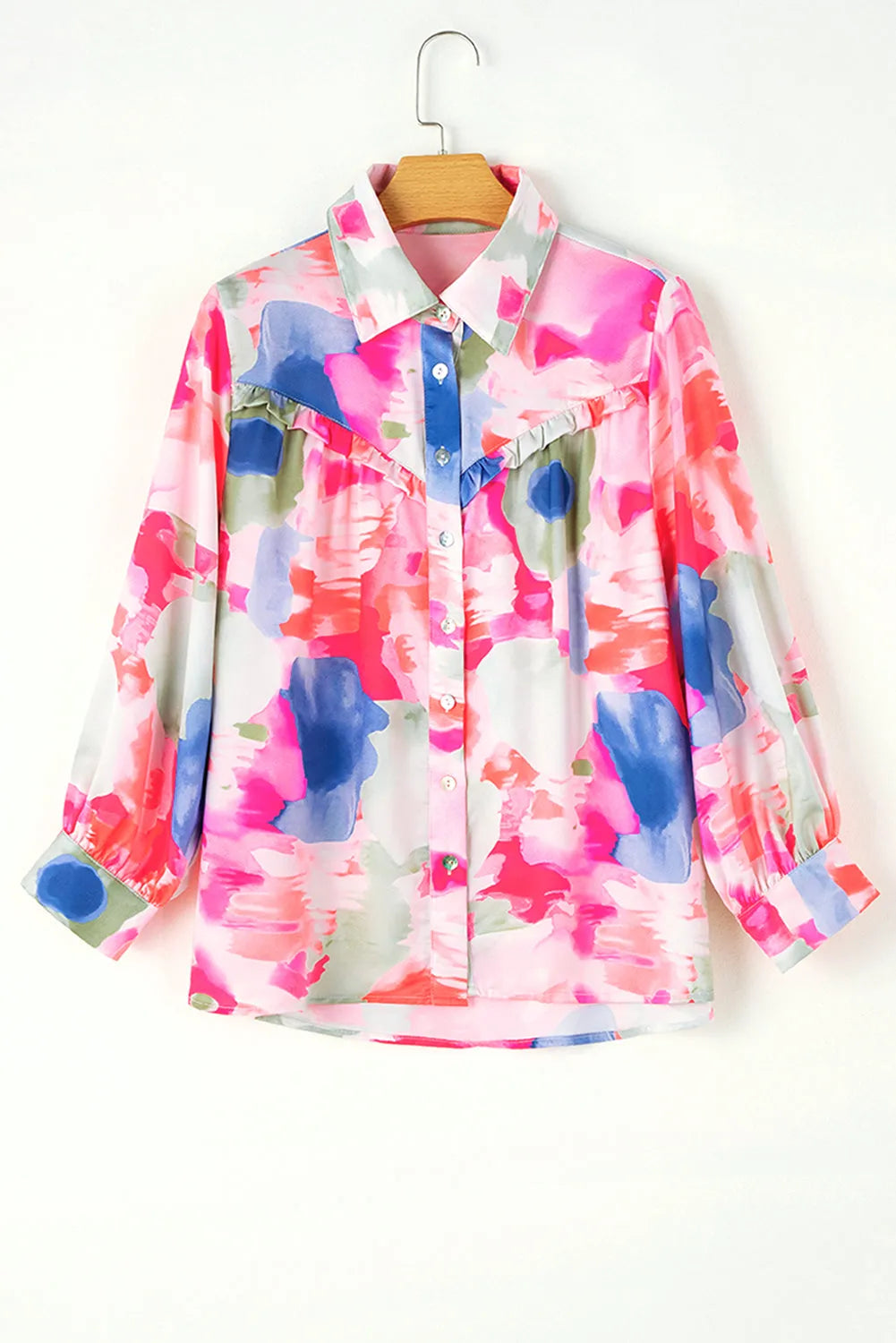 Multicolour Abstract Printed Lantern Sleeve Frilled Button Front Collared Shirt - Chic Meadow Boutique 