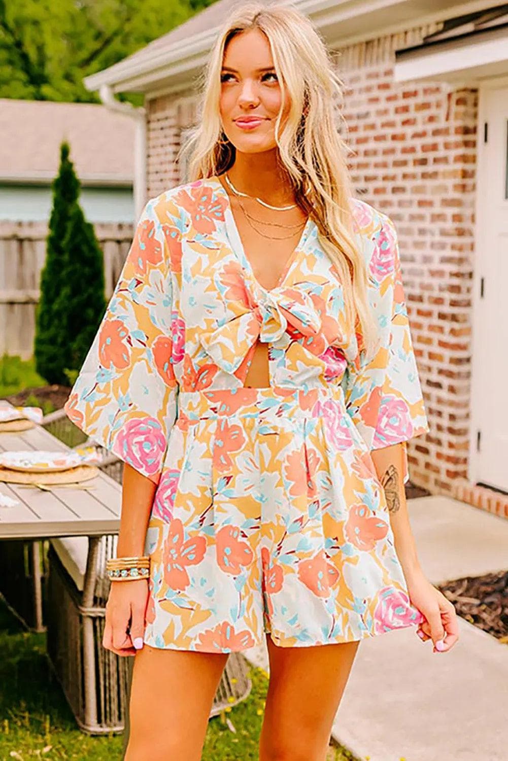 Bottoms/Jumpsuits & Rompers Orange Blooming Floral Print Front Tie Romper