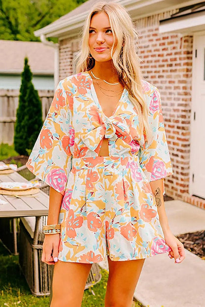 Bottoms/Jumpsuits & Rompers Orange Blooming Floral Print Front Tie Romper