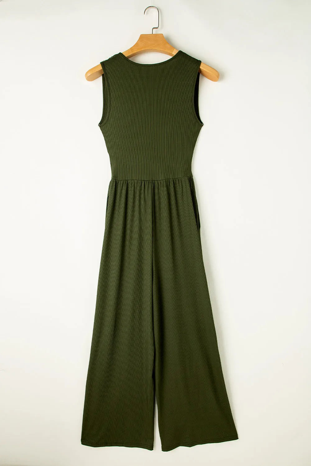 Moss Green Sleeveless V Neck Ruched Wide Leg Jumpsuit - Chic Meadow Boutique 