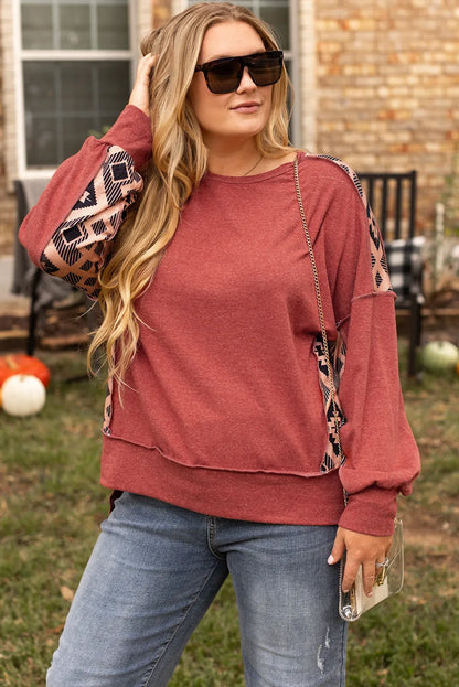 Redwood Burl Aztec Patchwork Drop Shoulder Plus Size High Low Sweatshirt - Chic Meadow Boutique 