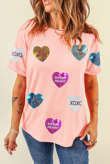 Pink Sequin Valentines Lettering Heart Patched Crewneck T Shirt