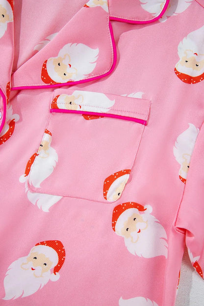 Loungewear & Sleepwear/Sleepwear Pink Christmas Santa Claus Print Satin Shirt and Shorts Set