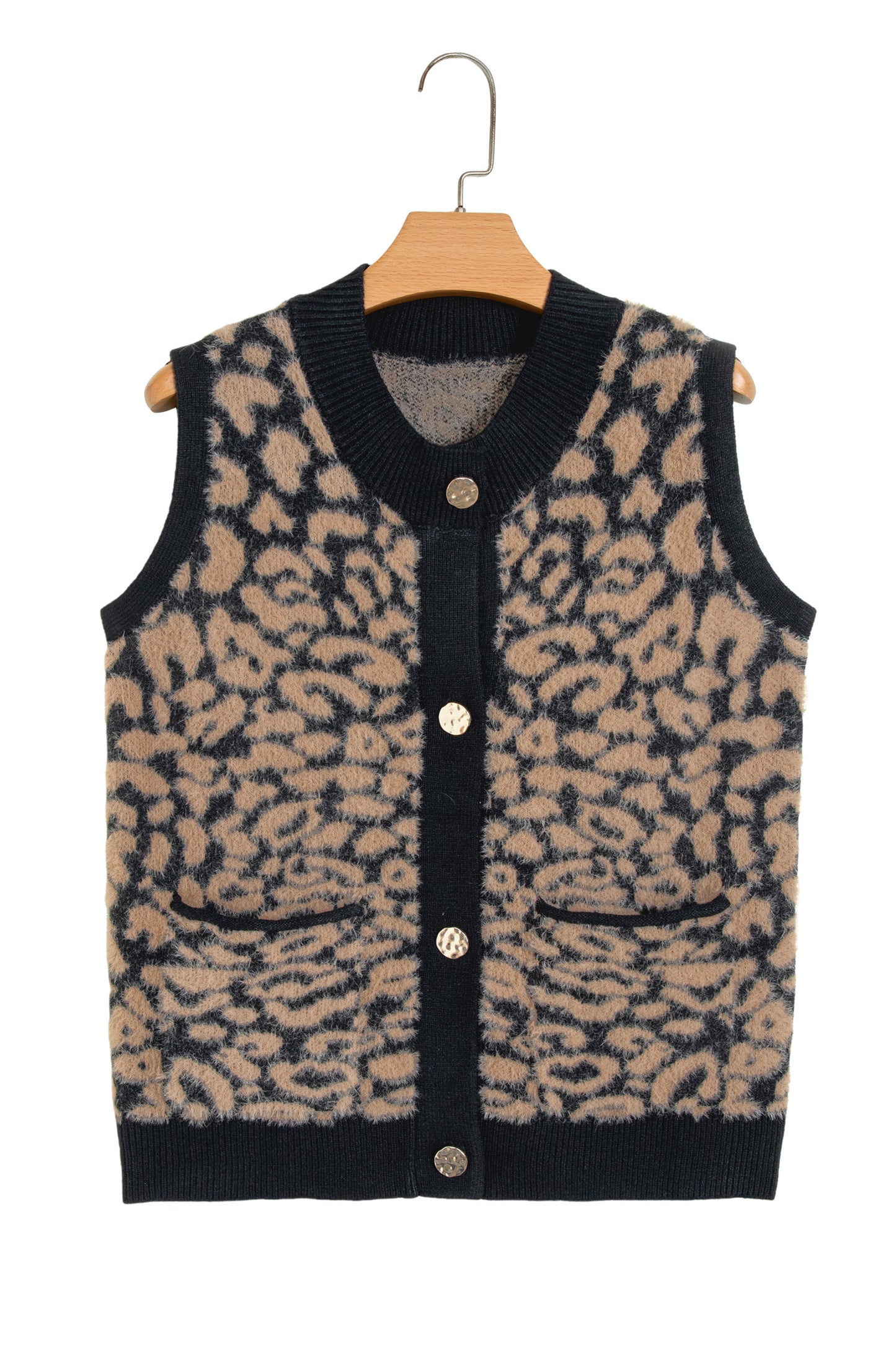 Black Leopard Print Knit Sleeveless Regular Wash Sweater Vest