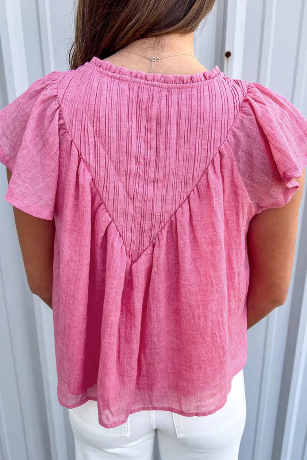 Bright Pink Textured Split Neck Patchwork Flutter Gauze Blouse - Chic Meadow Boutique 