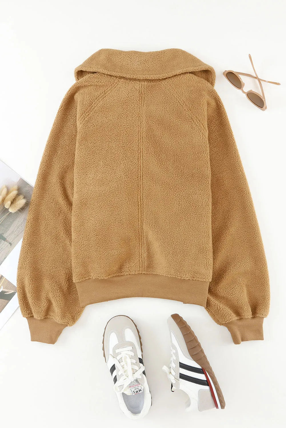 Brown Button Flap Pocket Spread Collar Fleece Jacket - Chic Meadow Boutique 