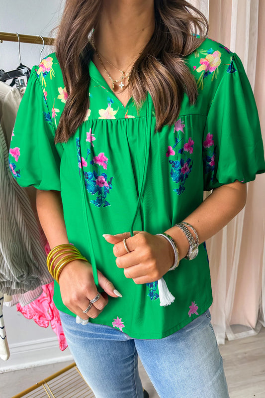 Green Floral Detail Tie Split Neck Short Sleeve Blouse