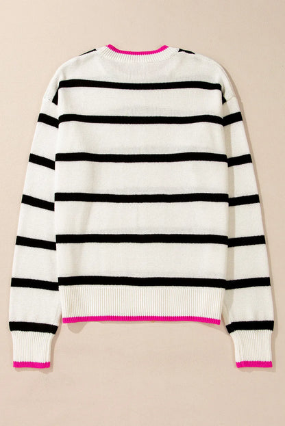 White Stripe Color Contrast Drop Shoulder Crew Neck Sweater - Chic Meadow Boutique 