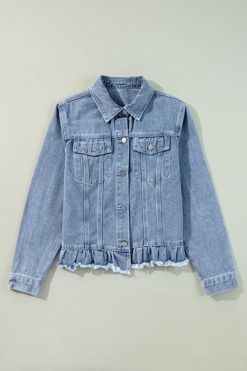 Beau Blue Ruffle Raw Hem Flap Pockets Denim Jacket - Chic Meadow Boutique 