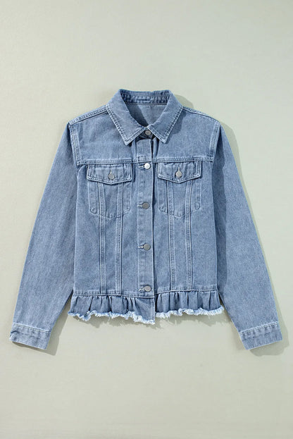 Beau Blue Ruffle Raw Hem Flap Pockets Denim Jacket - Chic Meadow Boutique 