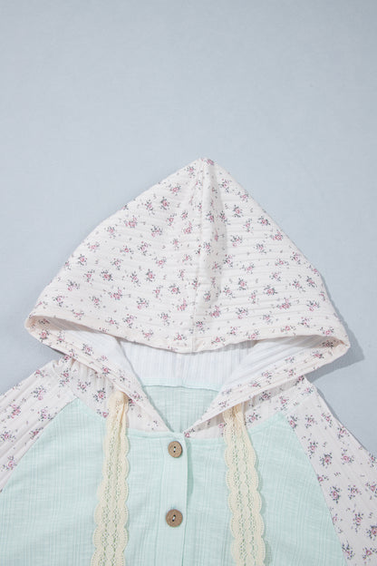Clearly Aqua Textured Floral Patchwork Button Hooded Long Sleeve Top