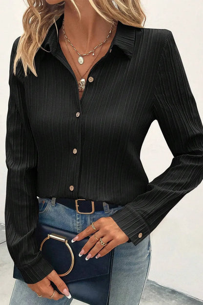 Black Solid Color Textured Buttoned Turn Down Collar Shirt - Chic Meadow Boutique 