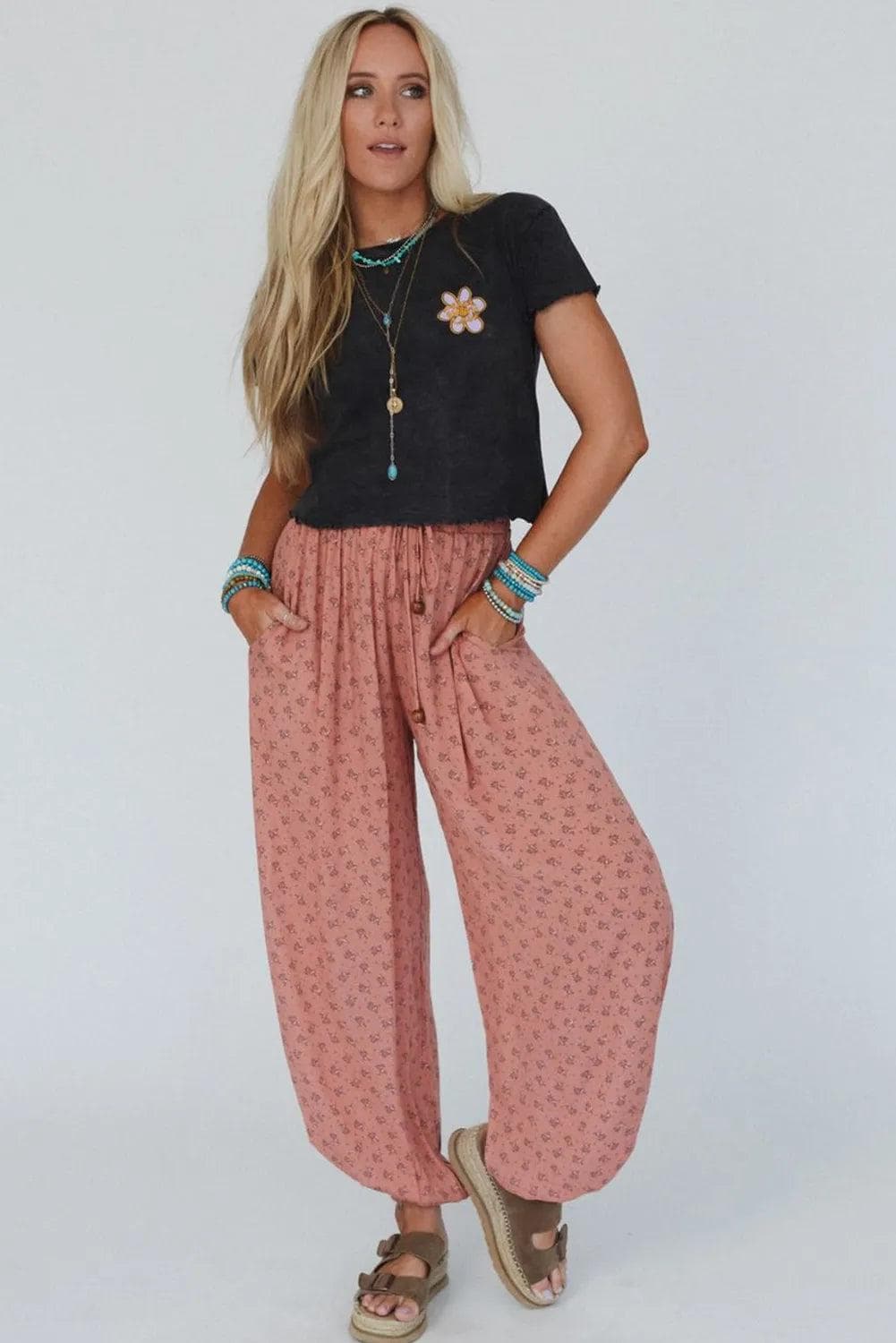 Bottoms/Pants & Culotte Pink Boho Floral Printed Wide Leg Jogger Pants