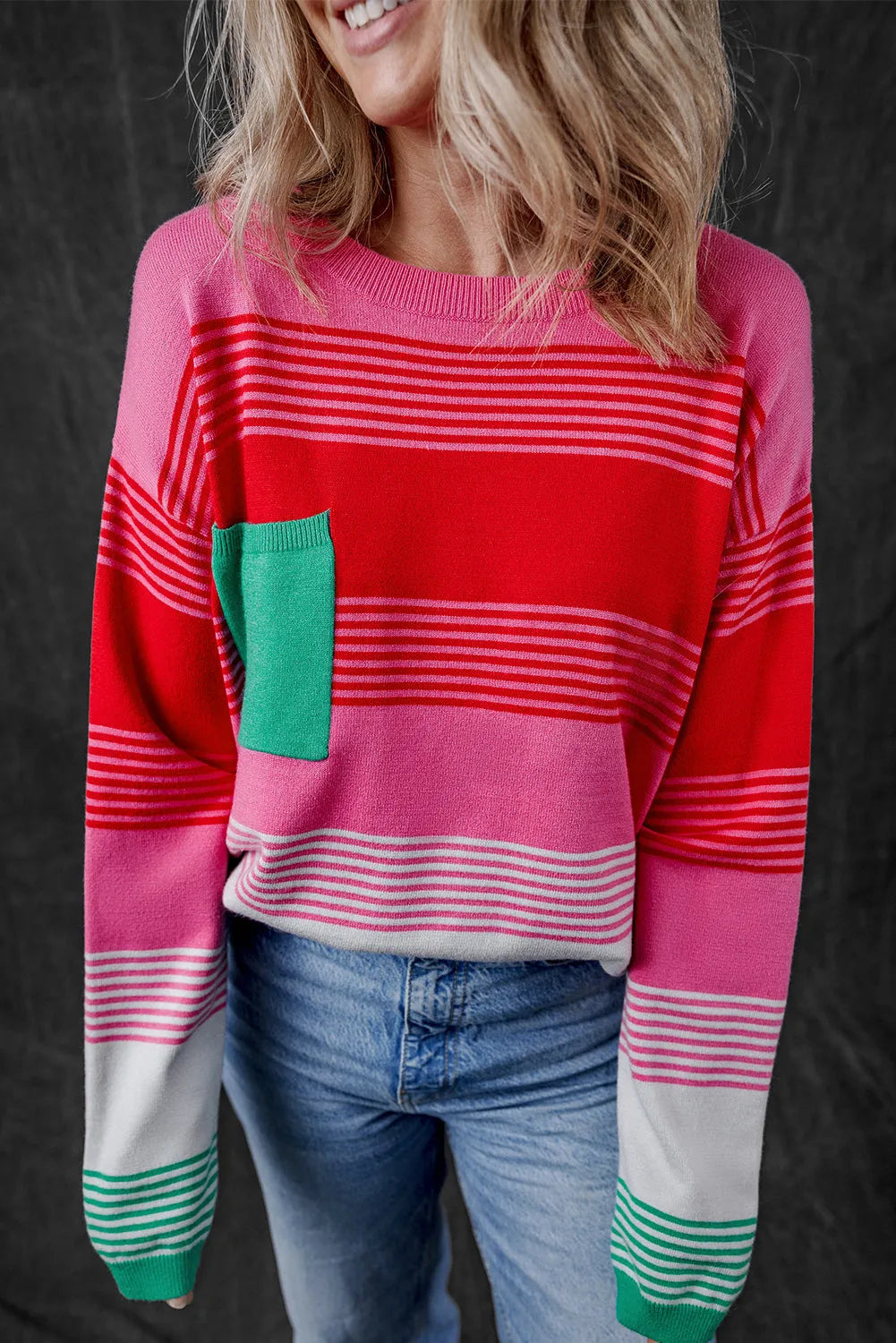 Rose Striped Knit Patch Pocket Drop Shoulder Sweater - Chic Meadow Boutique 