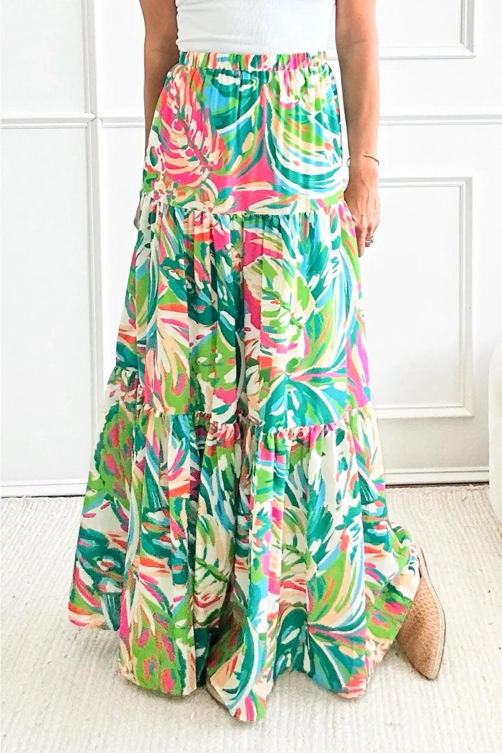 Bottoms/Skirts & Petticoat Green / S / 100%Polyester Green Abstract Printed High Waist Tiered Maxi Skirt