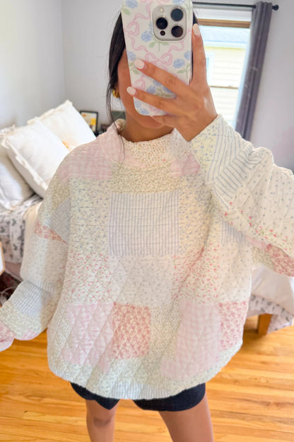 Multicolour Floral Patchwork Quilted Mock Neck Long Sleeve Top