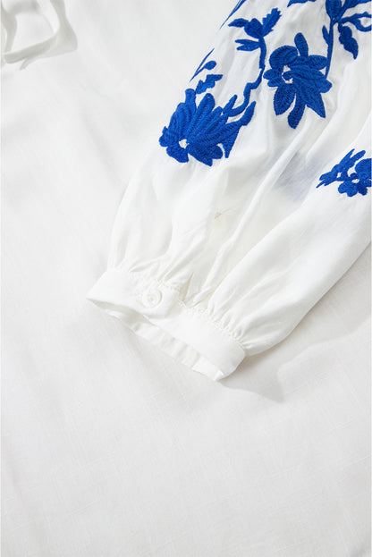 White Floral Embroidered Drawstring V Neck Blouse