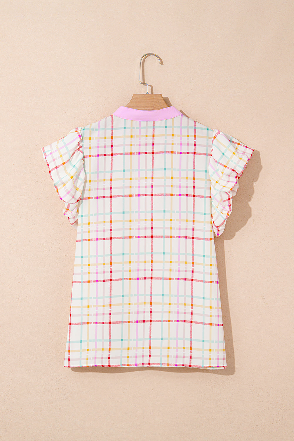 White Plaid Flutter Sleeve Colorblock Ric Rac Split V Neck Blouse