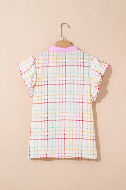 White Plaid Flutter Sleeve Colorblock Ric Rac Split V Neck Blouse