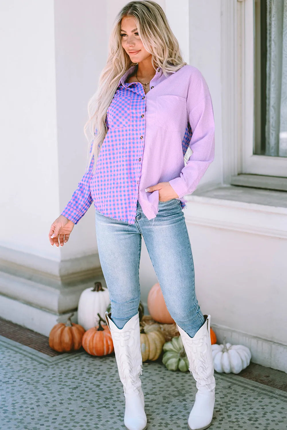 Purple Mixed Plaid Button Down Long Sleeve Chest Pocket Shirt - Chic Meadow Boutique 