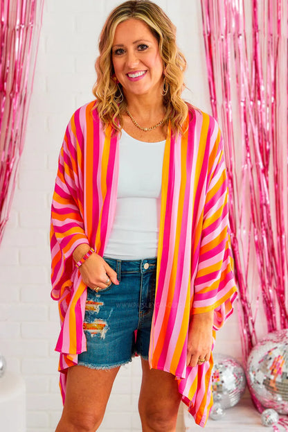 Rose Stripe Wide Sleeve Open Front Kimono - Chic Meadow Boutique 