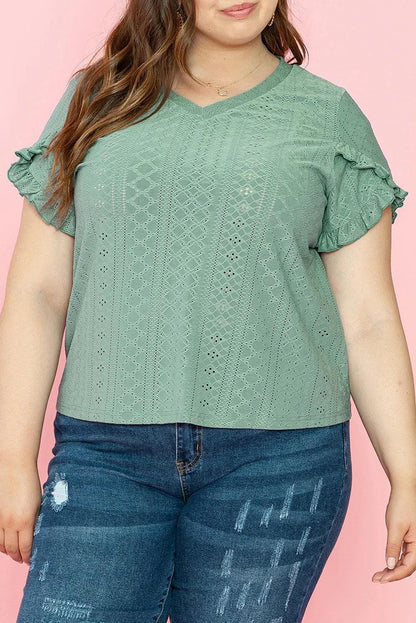 Plus Size/Plus Size Tops/Plus Size Blouses & Shirts Laurel Green Petal Sleeve Jacquard V Neck Curvy Blouse