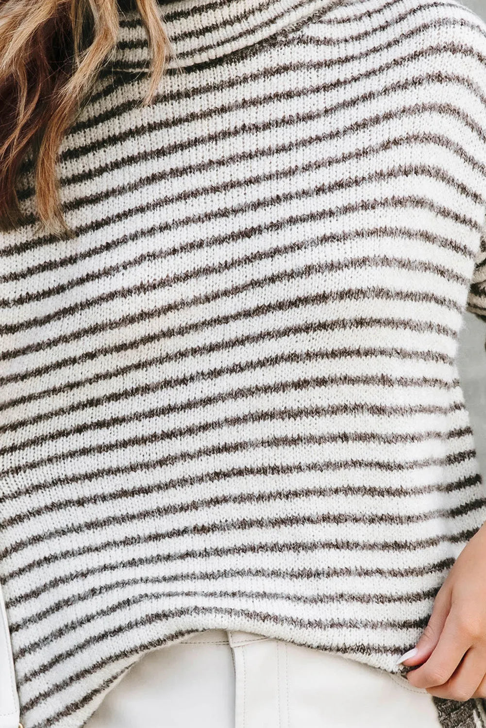 Khaki Striped Turtleneck Loose Sweater - Chic Meadow Boutique 