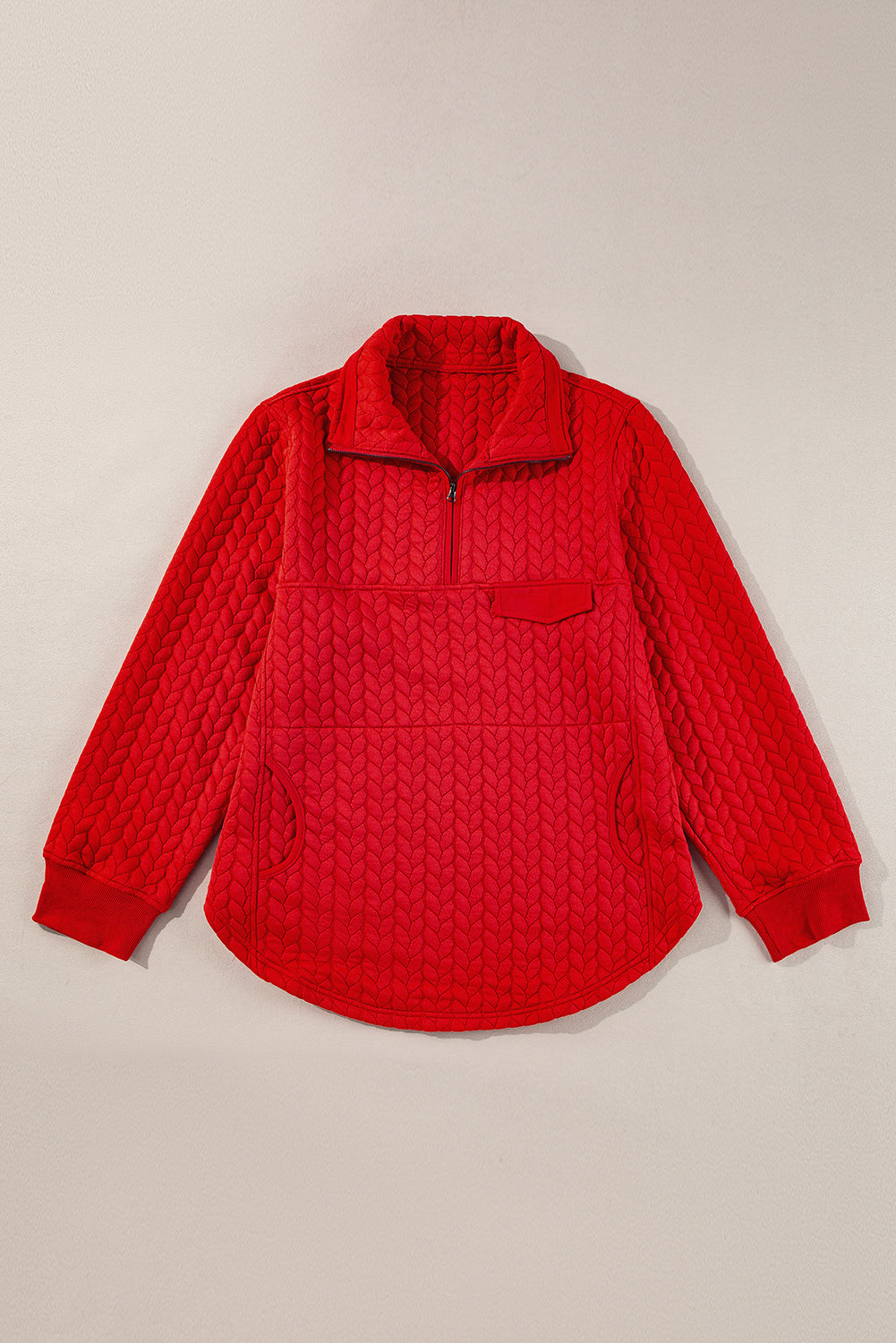 Tomato Red Cable Textured Quarter Zip Pocketed Plus Size Pullover - Chic Meadow Boutique 