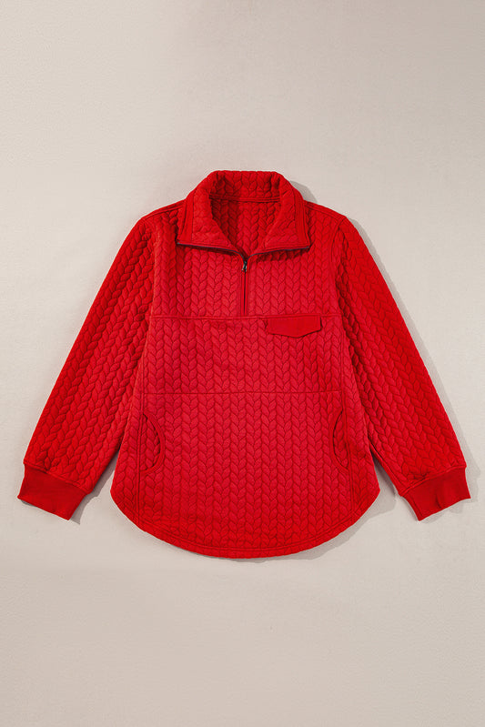 Tomato Red Cable Textured Quarter Zip Pocketed Plus Size Pullover - Chic Meadow Boutique 