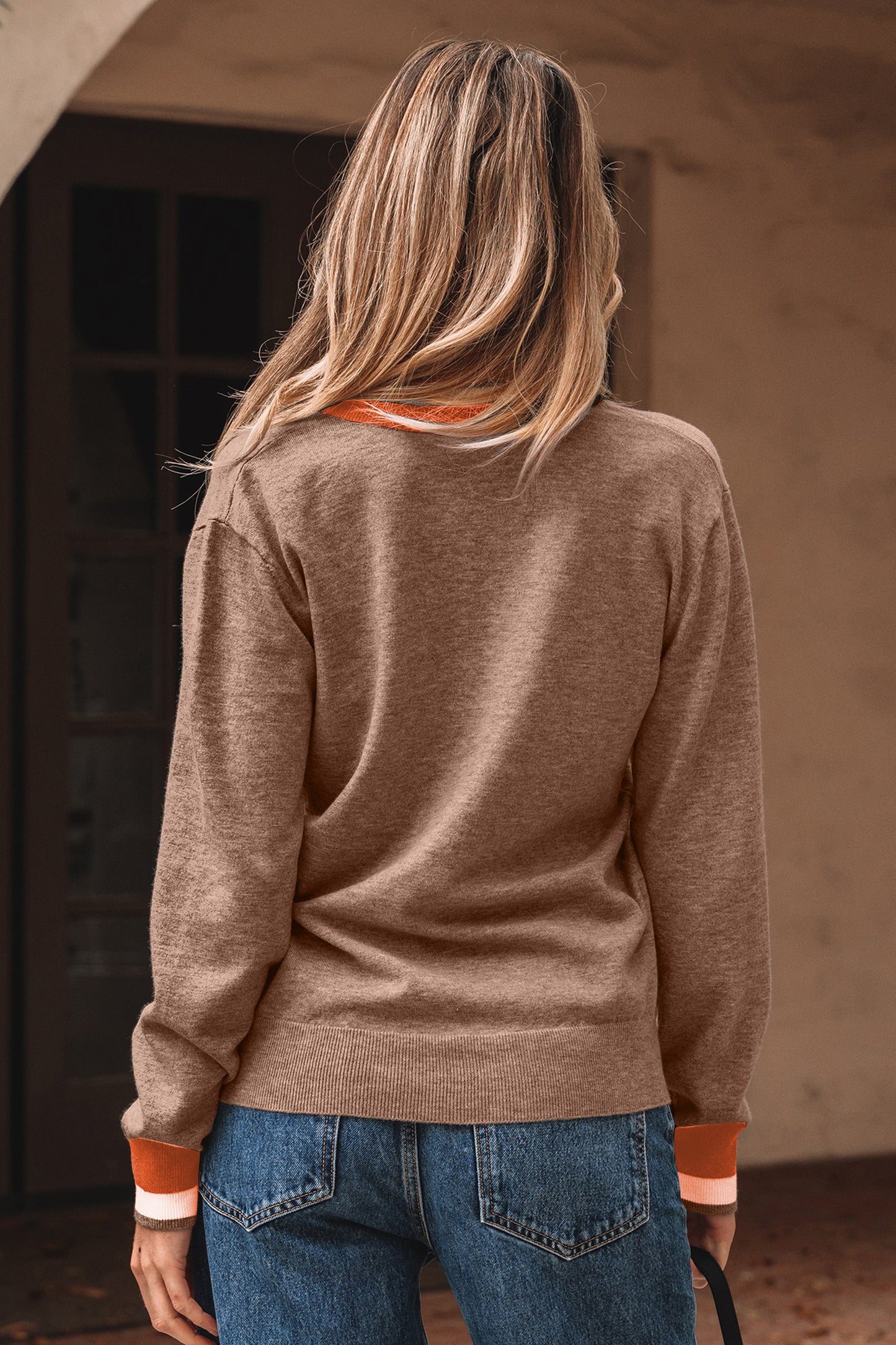 Dark Khaki Contrast Striped Trim V Neck Varsity Sweater