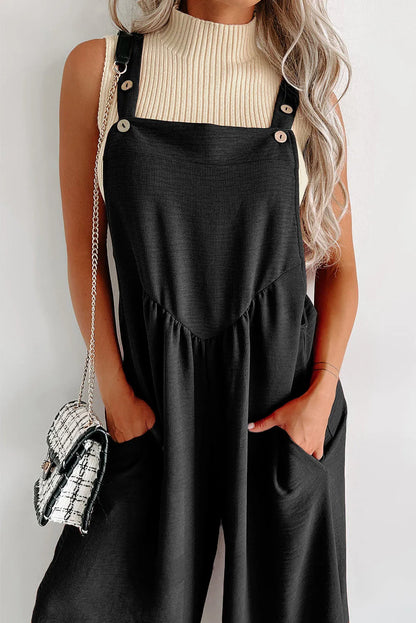 Black Textured Buttoned Straps Ruched Wide Leg Jumpsuit - Chic Meadow Boutique 