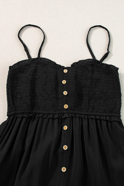 Black Spaghetti Straps Smocked Front Slit Buttoned Dress - Chic Meadow Boutique 