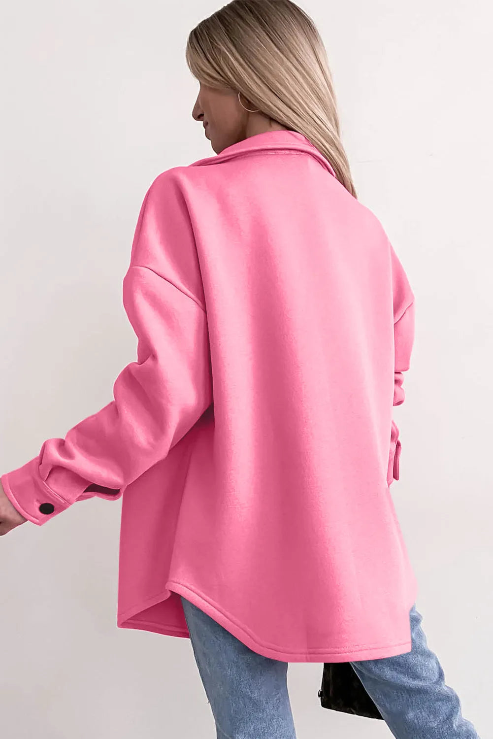 Pink Solid Color Pocketed Button up Long Sleeve Shacket - Chic Meadow Boutique 