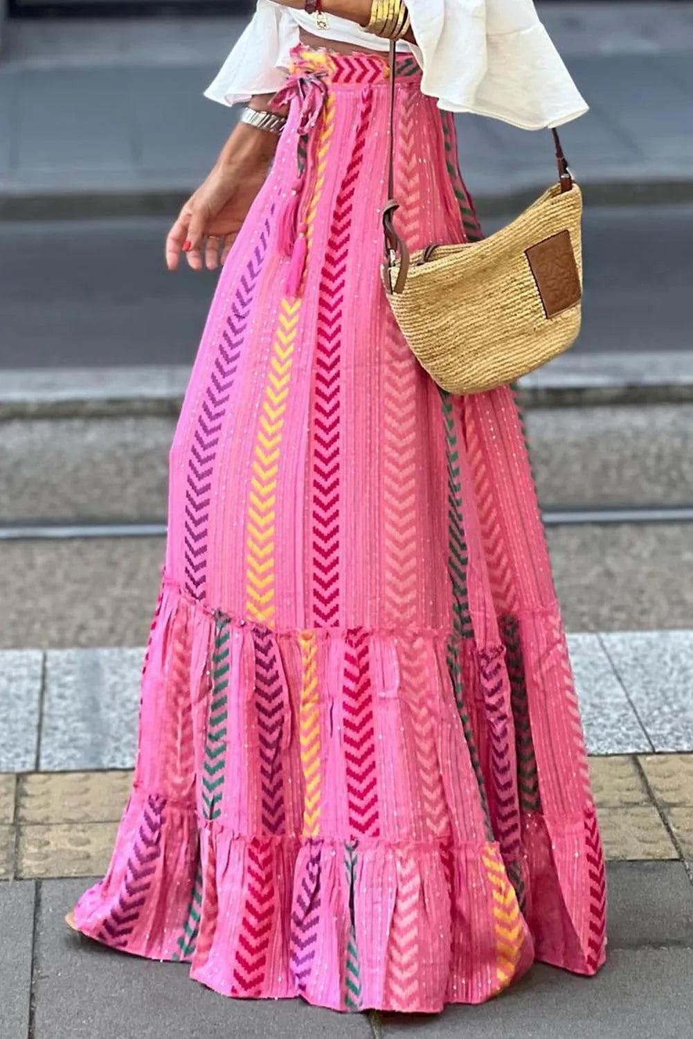 Bottoms/Skirts & Petticoat Pink / S / 100%Polyester Pink Boho Printed Tasseled Drawstring Ruffled Maxi Skirt