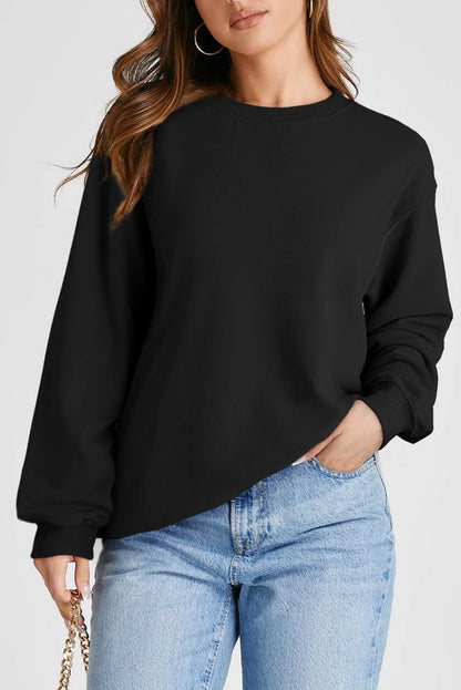 Black Plain Drop Shoulder Crewneck Pullover Sweatshirt - Chic Meadow Boutique 