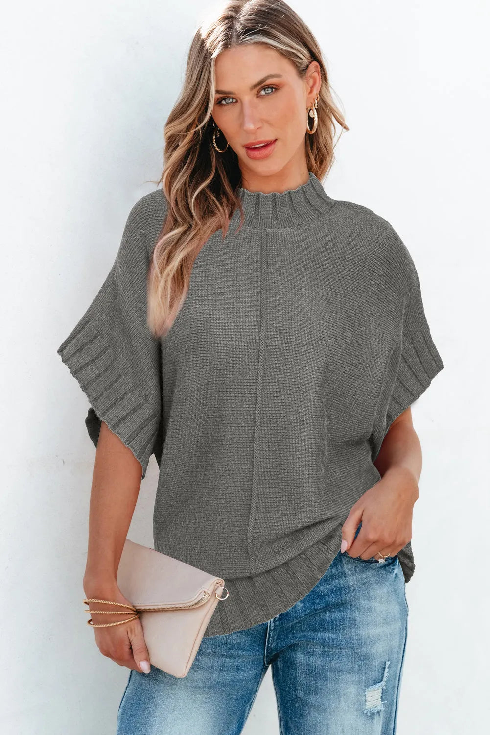 Medium Grey Mock Neck Batwing Short Sleeve Knit Sweater - Chic Meadow Boutique 