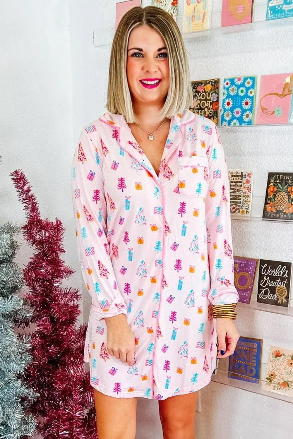 Loungewear & Sleepwear/Sleepwear Pink Christmas Twinkle Tree Print Shirt Sleep Dress