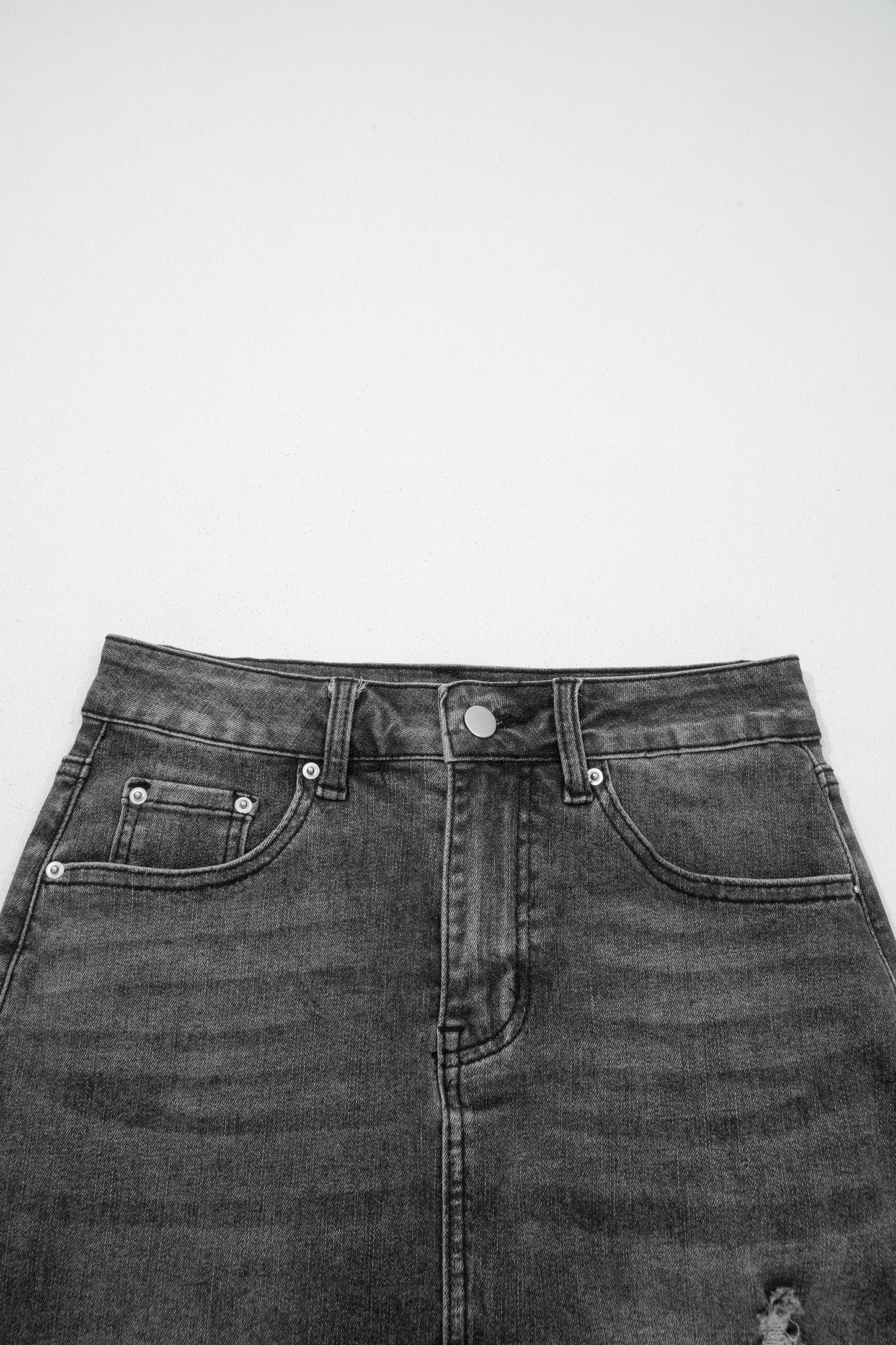 Dark Grey Irregular Distressed Bottom Denim Midi Skirt