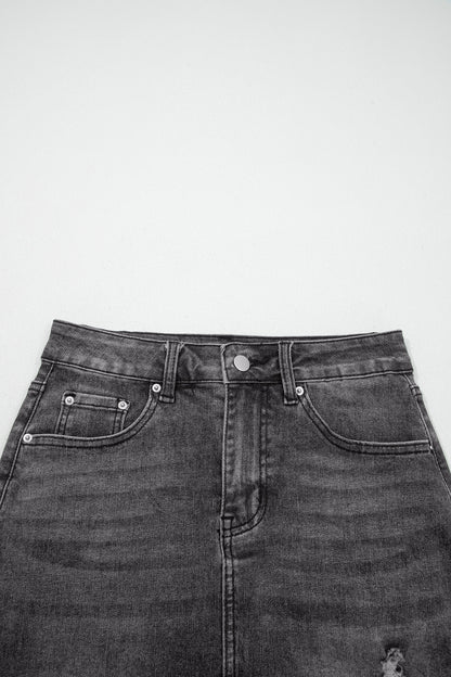 Dark Grey Irregular Distressed Bottom Denim Midi Skirt