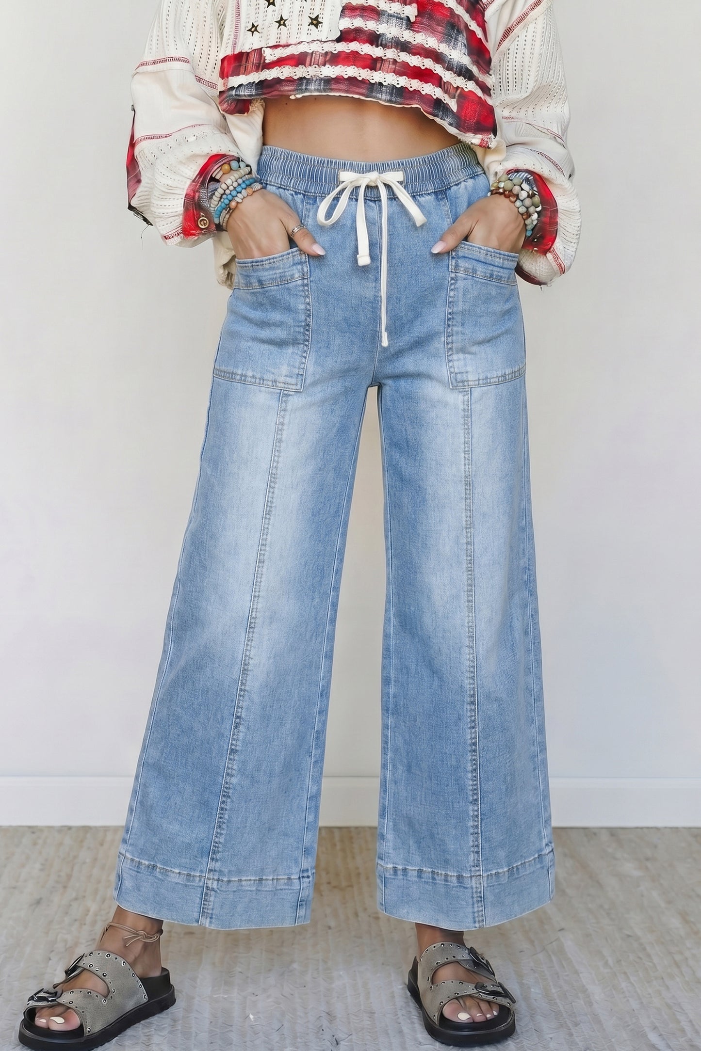 Beau Blue Drawstring Waist Wide Leg Ankle Length Jeans