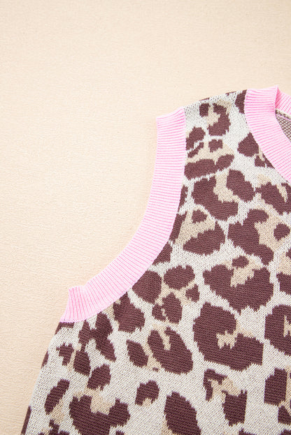 Brown Leopard Pattern Contrast Ribbed Trim Sweater Vest