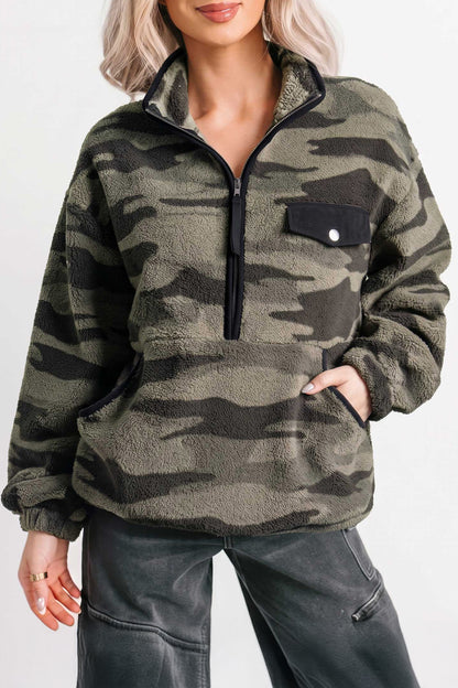 Multicolour Camouflage Fleece Half Zip-Up Long Sleeve Pocket Sweatshirt