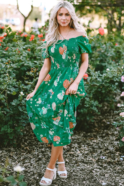 Green Floral Print Bubble Sleeve Smocked Tiered Midi Dress - Chic Meadow Boutique 