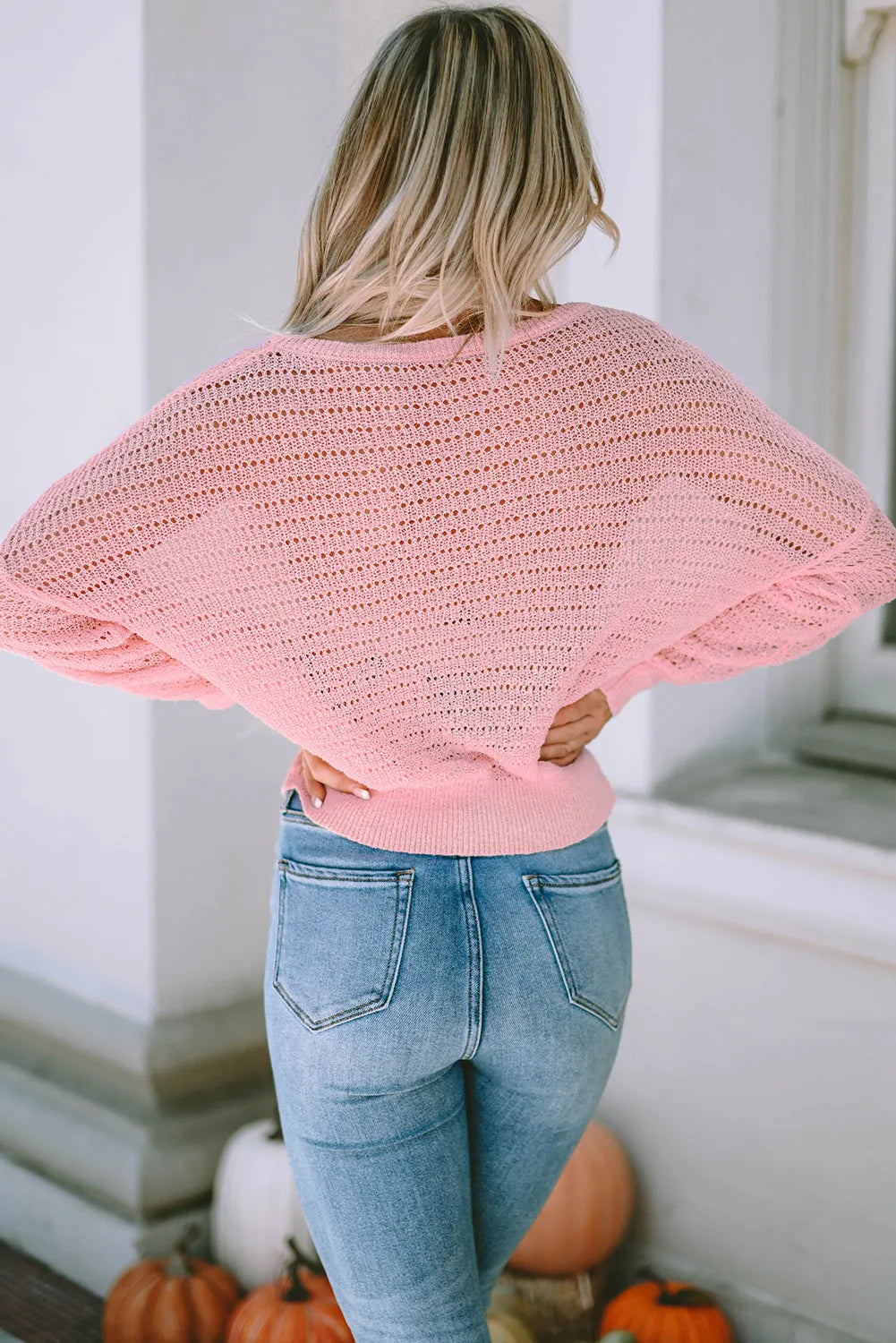 Pink Knitted Eyelets Round Neck Long Sleeve Top - Chic Meadow Boutique 